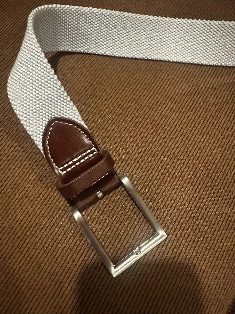 Men's Puma Gray Canvas and Brown Leather Belt - NWOT - needlepoint L - 36-38